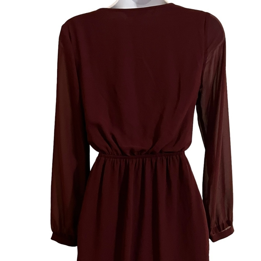 Express - Wine Colored Fit and Flare Dress with Sheer Sleeves - Picture 4 of 5